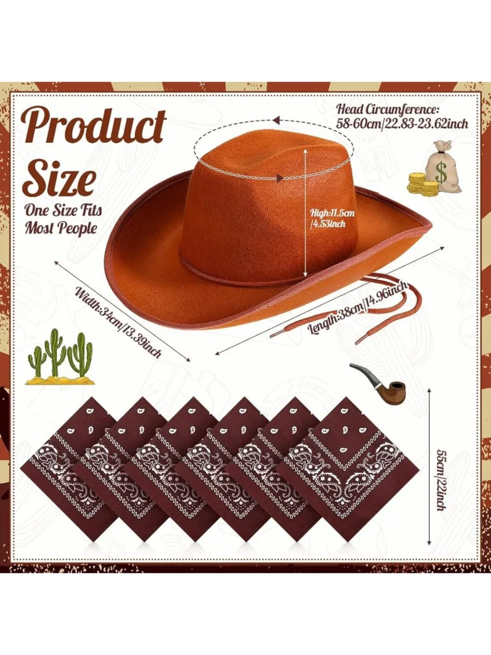 Men's Bronze Bandanas Bulk Adjustable Felt Western Cowboy Cowgirl Hat 12 Pcs